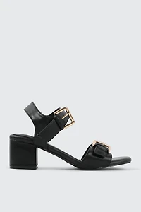 Ardene Block Heel Sandals with Chunky Buckles in Black | Size | Faux Leather | Eco-Conscious