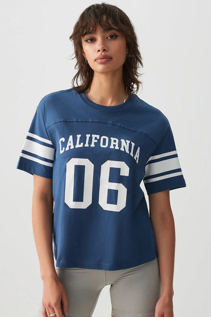 Ardene Relaxed Football T-Shirt in Blue Current | Size Medium | 100% Cotton
