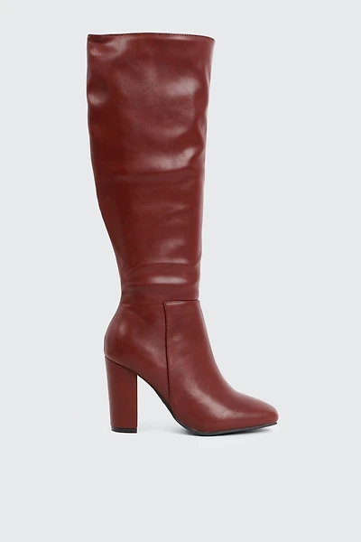 Ardene Block Heel Knee High Boots in Burgundy | Size | Faux Leather | Eco-Conscious