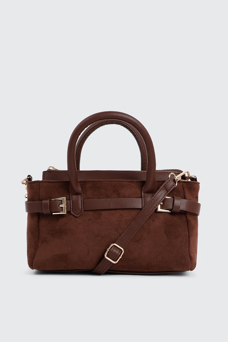 Ardene Small Tote Bag with Buckle Details in Brown | 100% Recycled Polyester/Faux Leather/Faux Suede | Eco-Conscious