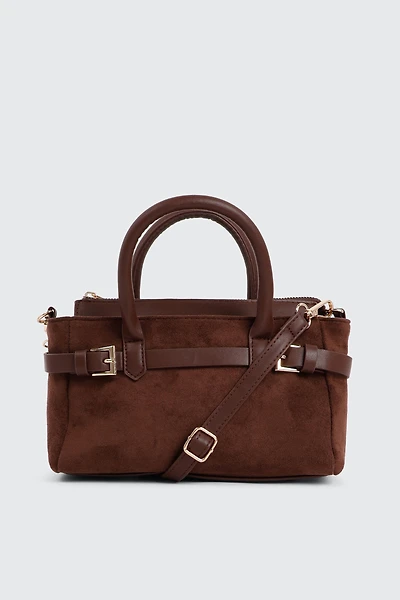 Ardene Small Tote Bag with Buckle Details in Brown | 100% Recycled Polyester/Faux Leather/Faux Suede | Eco-Conscious