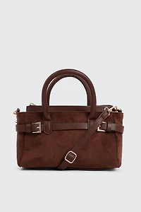 Ardene Small Tote Bag with Buckle Details in Brown | 100% Recycled Polyester/Faux Leather/Faux Suede | Eco-Conscious
