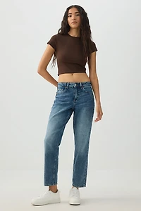 Ardene High Rise Slim Straight Jeans in Medium Blue | Size | Cotton/Elastane