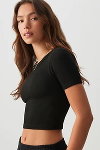 Ardene Crop Seamless Crew Neck T-Shirt in Ash Black | Size Small | Polyester/Nylon/Elastane