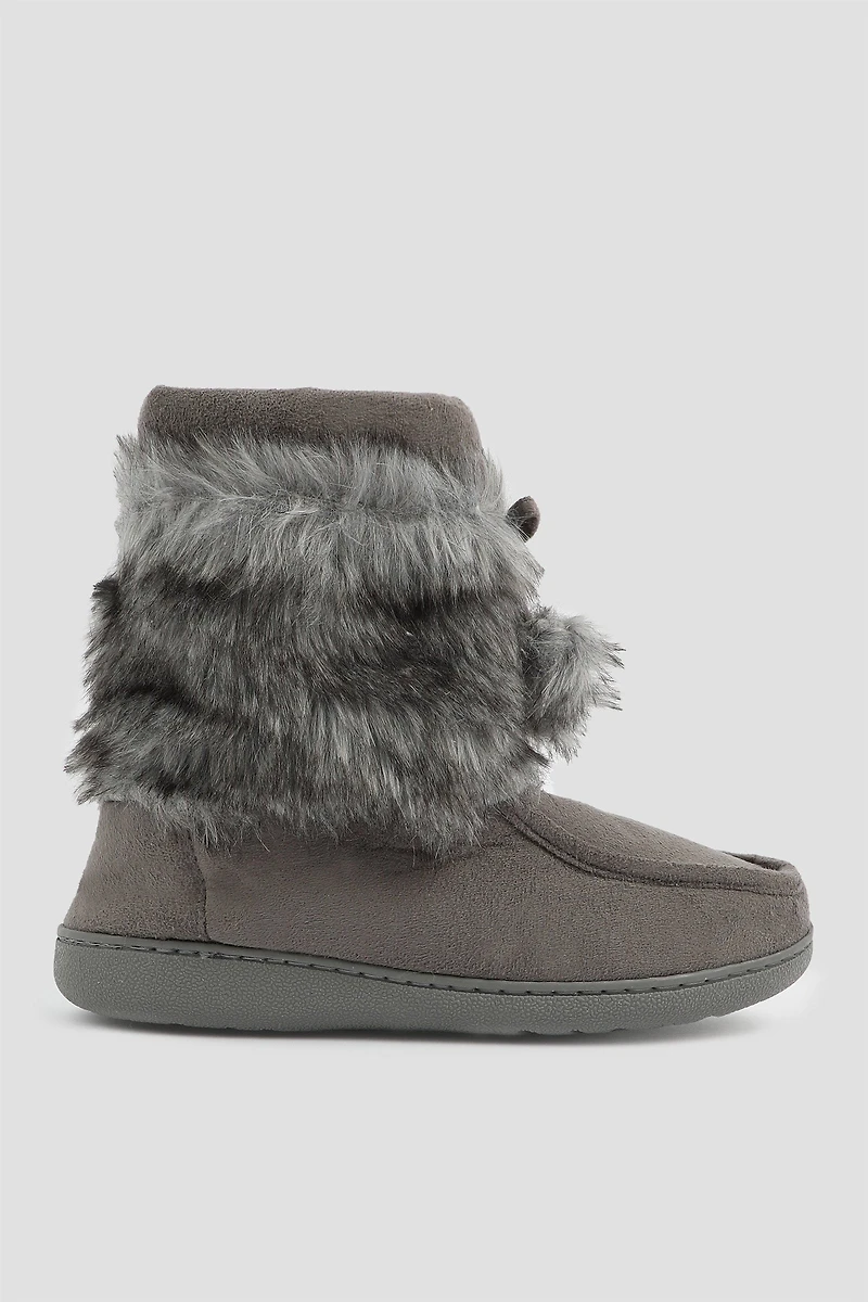 Ardene Bootie Slippers with Faux fur Shaft in Dark Grey | Size | Faux Suede | Eco-Conscious