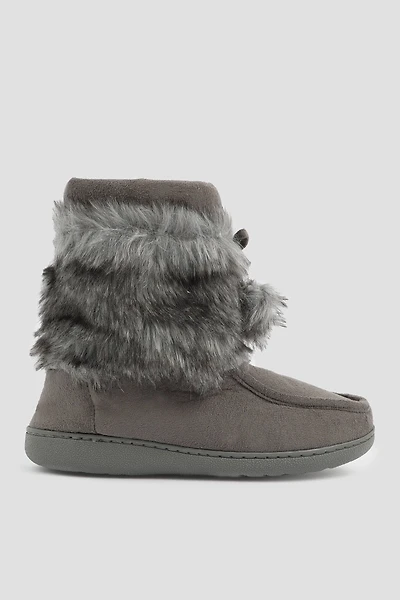 Ardene Bootie Slippers with Faux fur Shaft in Dark Grey | Size | Faux Suede | Eco-Conscious