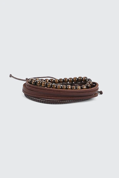 Ardene Man 3-Pack Wood & Faux Leather Bracelets For Men in Brown