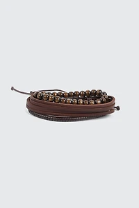 Ardene Man 3-Pack Wood & Faux Leather Bracelets For Men in Brown