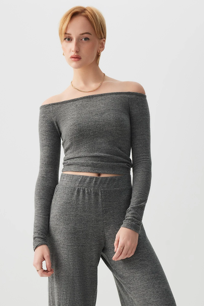 Ardene Brushed Knit Off Shoulder Sweater in Dark Grey | Size | Polyester/Rayon/Elastane