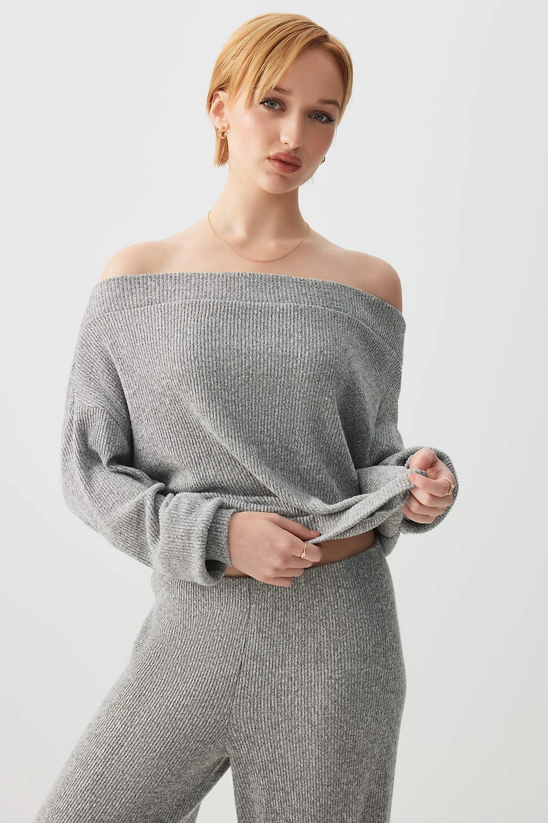 Ardene Brushed Knit Off Shoulder Sweater in Grey | Size | Polyester/Elastane
