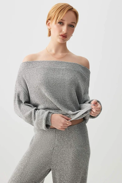 Ardene Brushed Knit Off Shoulder Sweater in Grey | Size | Polyester/Elastane