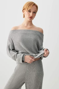 Ardene Brushed Knit Off Shoulder Sweater in Grey | Size | Polyester/Elastane