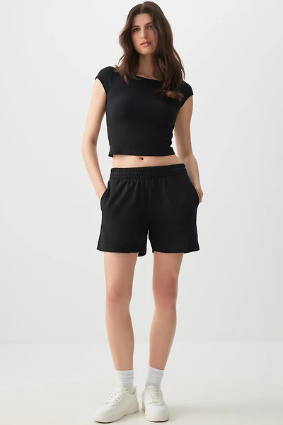 Ardene French Terry Shorts with Side Slits in Black | Size | Polyester/Cotton | Eco-Conscious
