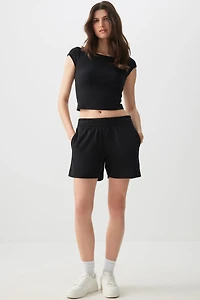Ardene French Terry Shorts with Side Slits in Black | Size | Polyester/Cotton | Eco-Conscious