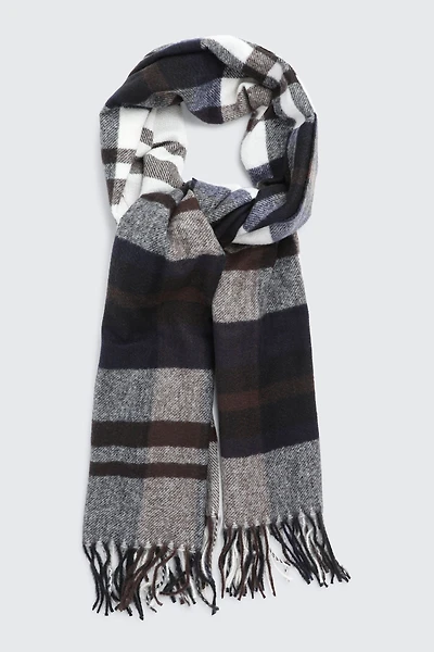 Ardene Rectangular Plaid Scarf with Fringes in Dark Blue | Polyester