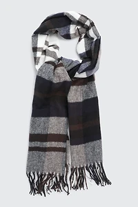 Ardene Rectangular Plaid Scarf with Fringes in Dark Blue | Polyester