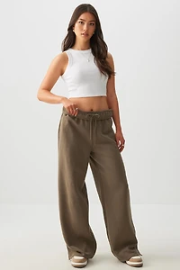 Ardene Wide Leg Sweatpants with Foldover Waistband in Brown | Size | Polyester/Cotton | Fleece-Lined