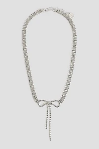 Ardene Rhinestone Bow Necklace in Silver