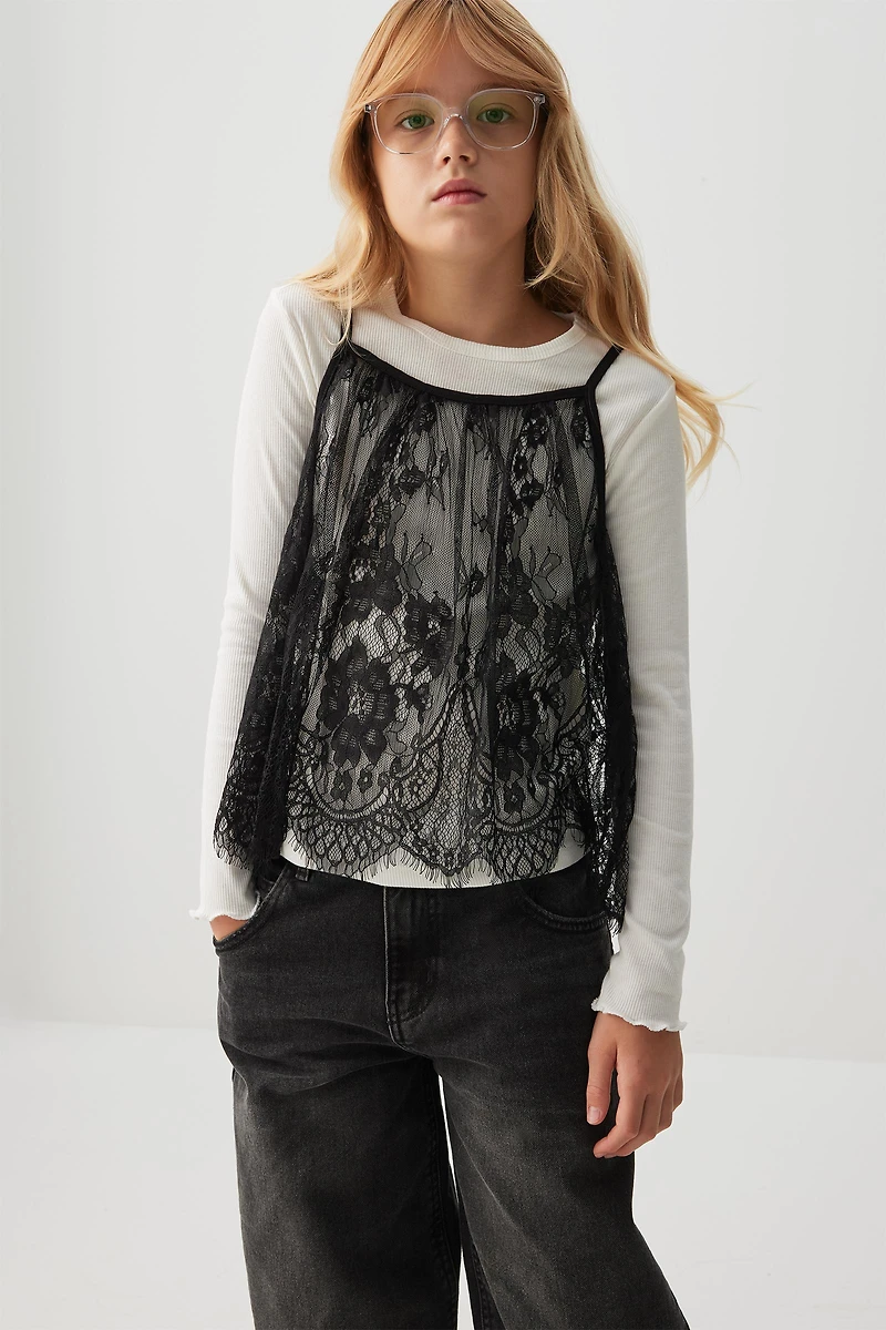 Ardene Kids Long Sleeve Top with Lace Tank in White | Size | Polyester/Cotton/Elastane