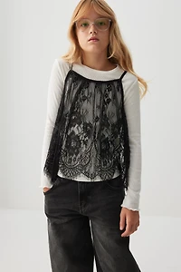 Ardene Kids Long Sleeve Top with Lace Tank in White | Size | Polyester/Cotton/Elastane