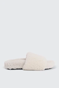 Ardene Curly Faux Fur Slippers in Off-White | Size