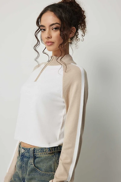 Ardene Two Tone 1/4 Zip Sweater in Beige | Size | Polyester/Rayon/Nylon
