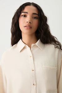 Ardene Oversized Linen Blend Shirt in Beige | Size Large | Rayon