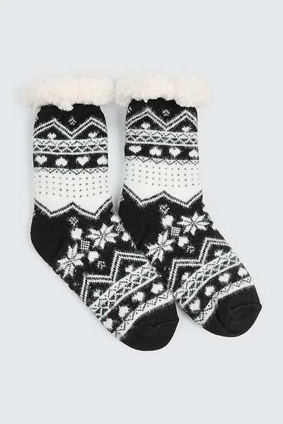 Ardene Fair Isle Slipper Socks in Black | Size | Polyester/Spandex