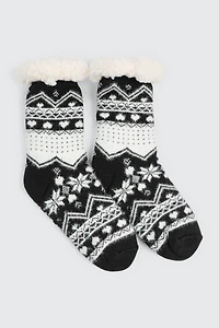 Ardene Fair Isle Slipper Socks in Black | Size | Polyester/Spandex