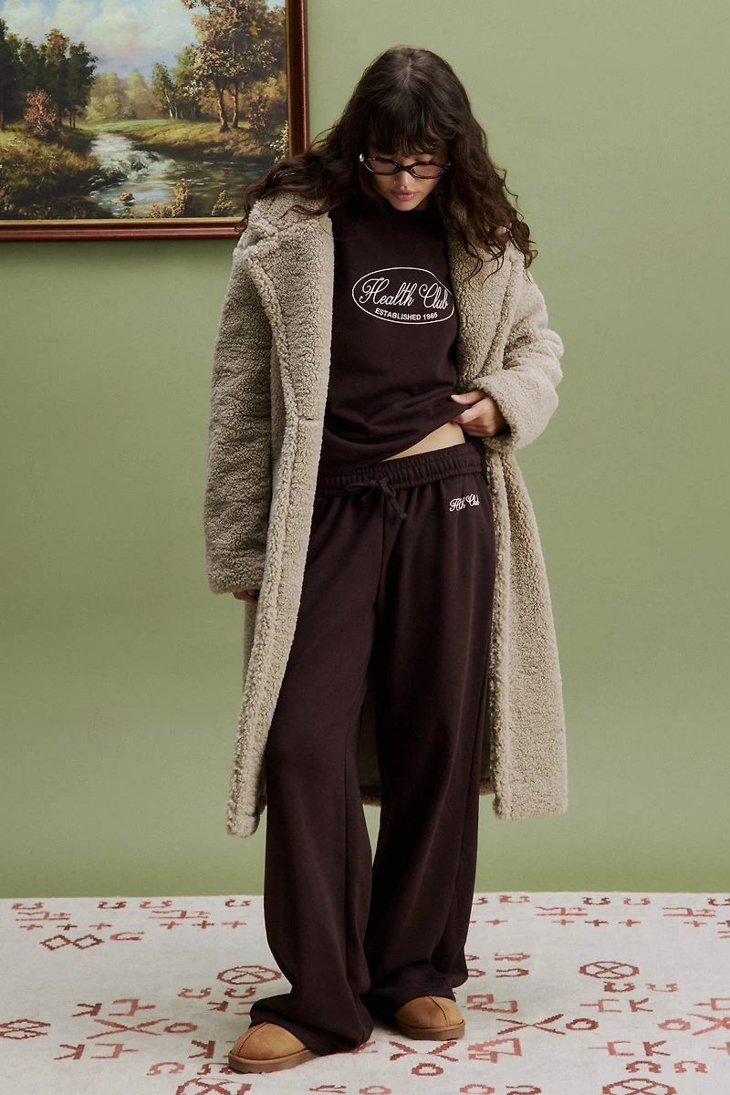 Ardene Embroidered Wide Leg Sweatpants in | Size | Polyester/Cotton | Fleece-Lined