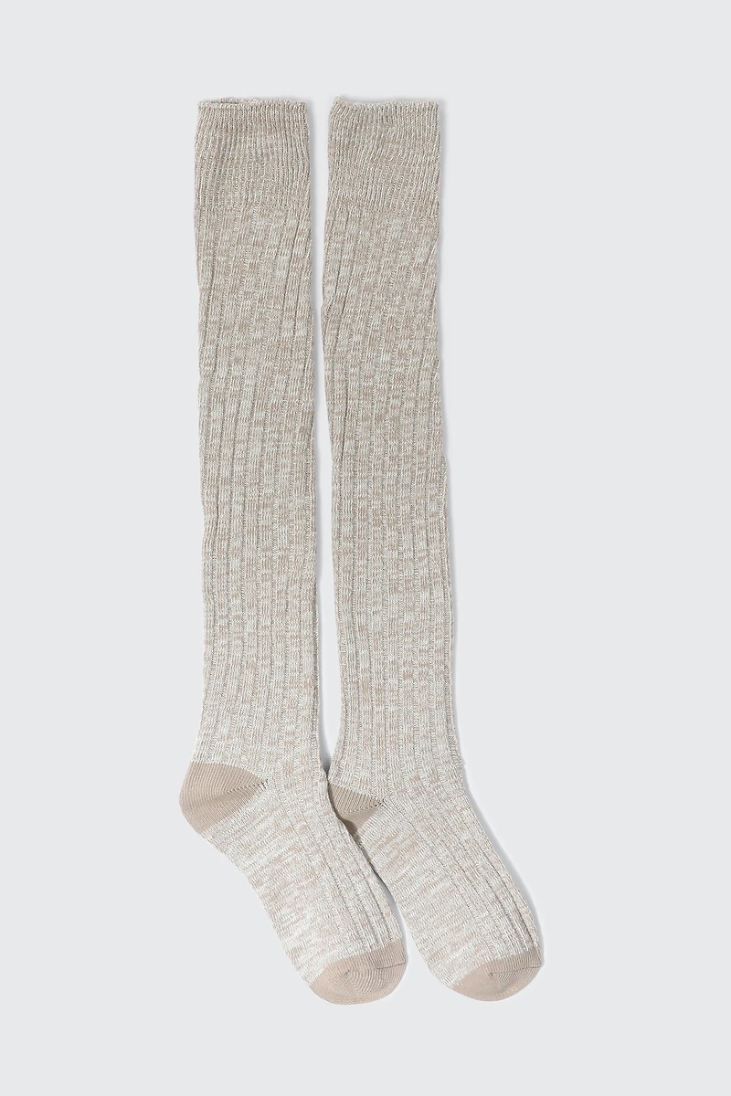 Ardene Rib Knit Over-the-Knee Socks in Beige | Polyester/Spandex