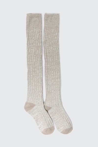 Ardene Rib Knit Over-the-Knee Socks in Beige | Polyester/Spandex