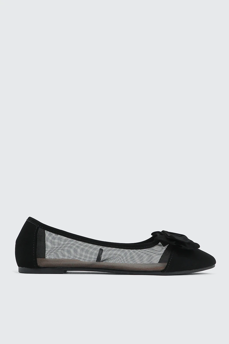 Ardene Mesh Flats with Bow in Black | Size | Faux Suede