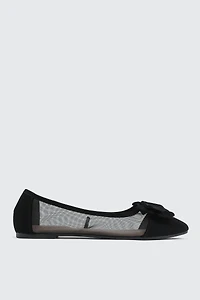 Ardene Mesh Flats with Bow in Black | Size | Faux Suede