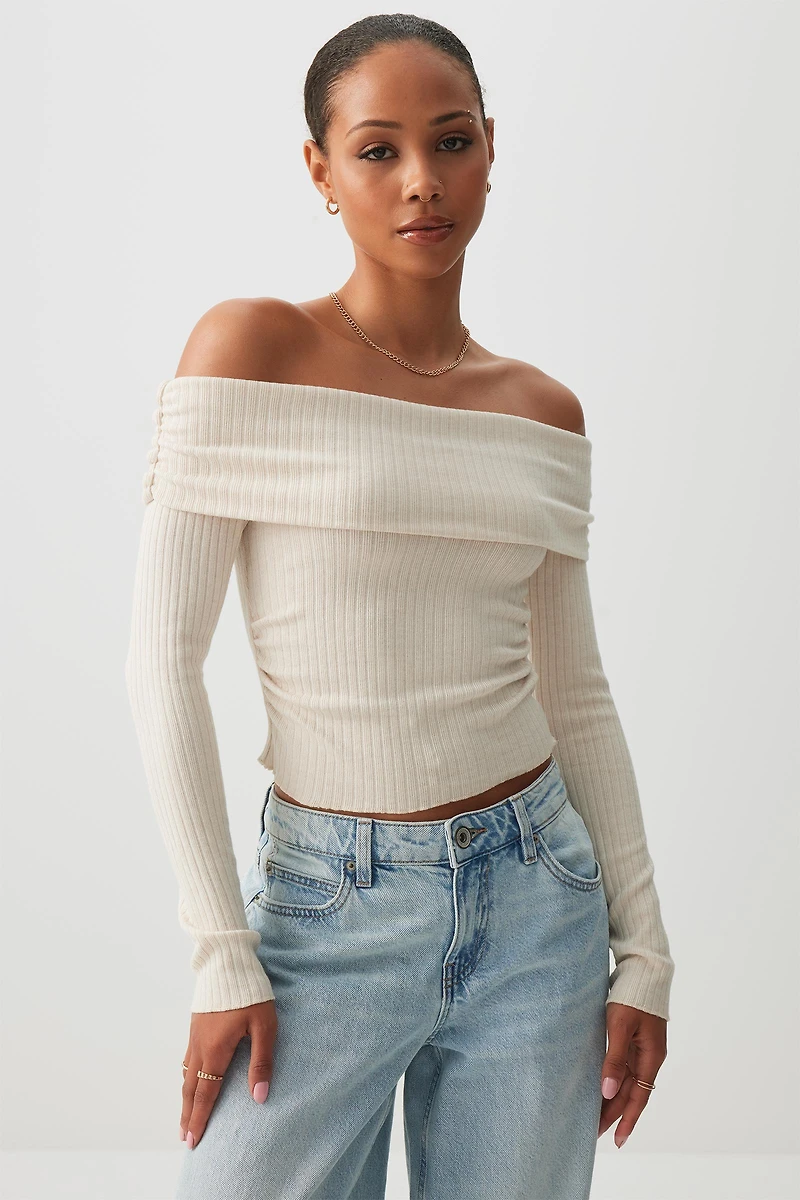 Ardene Off Shoulder Long Sleeve Top in Beige | Size | Polyester/Elastane/Polyamide