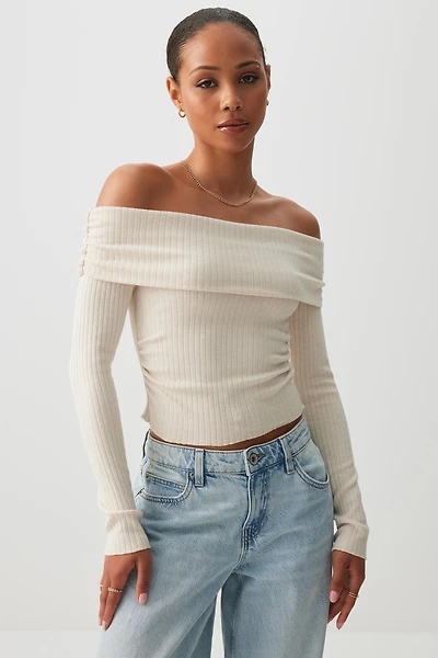 Ardene Off Shoulder Long Sleeve Top in Beige | Size | Polyester/Elastane/Polyamide