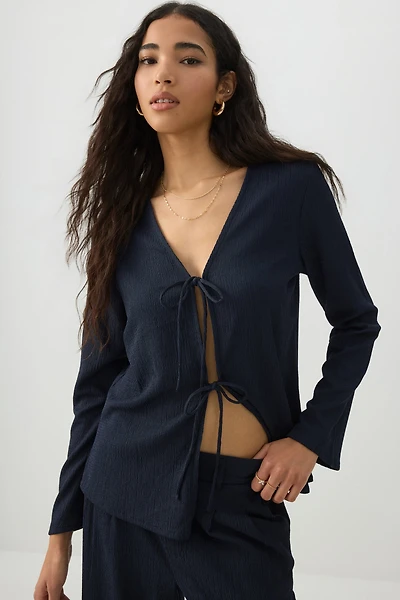 Ardene Seersucker Tie Front Cardigan in Dark Blue | Size