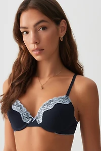 Ardene Luxe Lace Trim Push Up Bra in Dark Blue | Size 36B | Nylon/Elastane