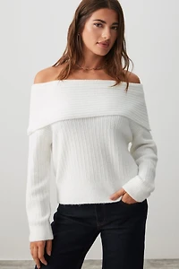 Ardene Rib Knit Fold Over Sweater in White | Size | Polyester/Spandex