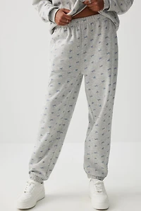 Ardene Bow Print Sweatpants in Grey | Size | Polyester/Cotton | Fleece-Lined