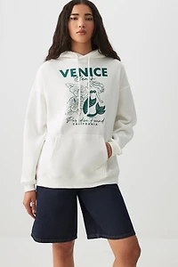 Ardene Graphic Oversized Hoodie in White | Size Medium | Polyester/Cotton | Fleece-Lined