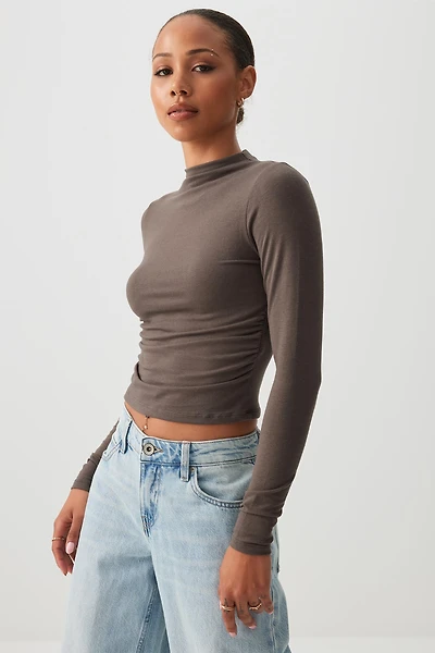 Ardene Ruched Side Long Sleeve Top in Brown | Size | Polyester/Elastane/Viscose