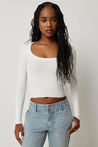 Ardene Crop Scoop Neck Sweater in White | Size | Polyester/Nylon/Viscose