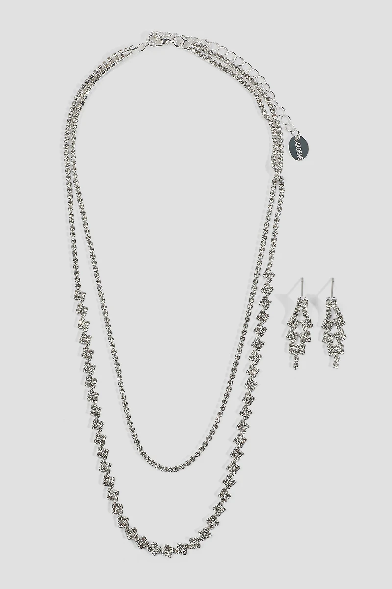 Ardene Two-Row Rhinestone Necklace & Earrings Set in Silver | Stainless Steel