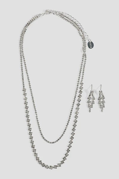 Ardene Two-Row Rhinestone Necklace & Earrings Set in Silver | Stainless Steel