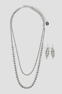 Ardene Two-Row Rhinestone Necklace & Earrings Set in Silver | Stainless Steel