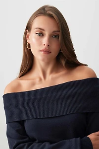 Ardene Off Shoulder Sweater in Dark Blue | Size | Polyester/Nylon/Viscose