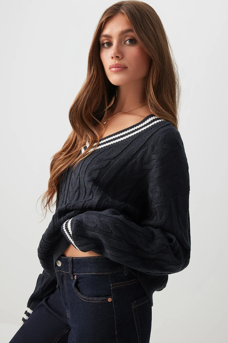 Ardene Cable Knit V-Neck Sweater in Dark Blue | Size | 100% Acrylic