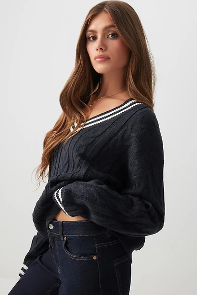 Ardene Cable Knit V-Neck Sweater in Dark Blue | Size | 100% Acrylic