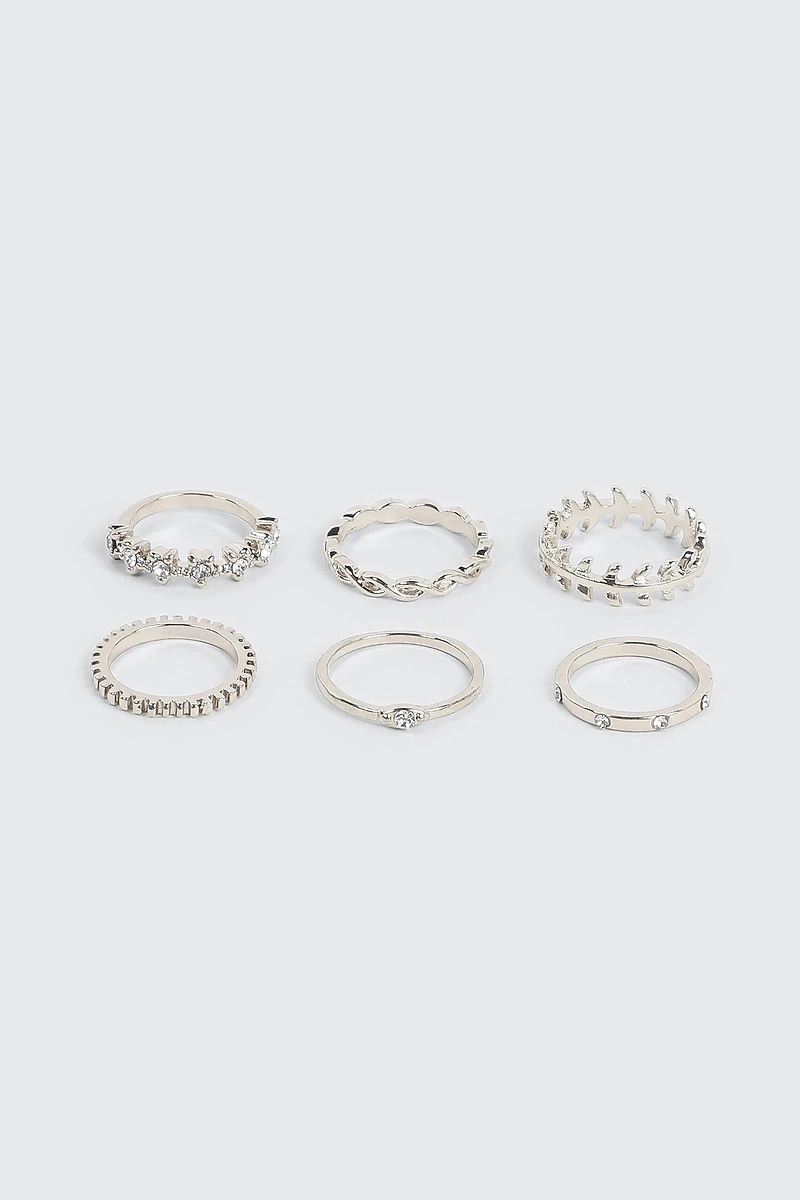 Ardene 6-Pack Assorted Stone Rings in Silver | Size